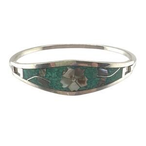 Vintage Alpaca Mexico Turquoise Abalone Floral Hinged Cuff